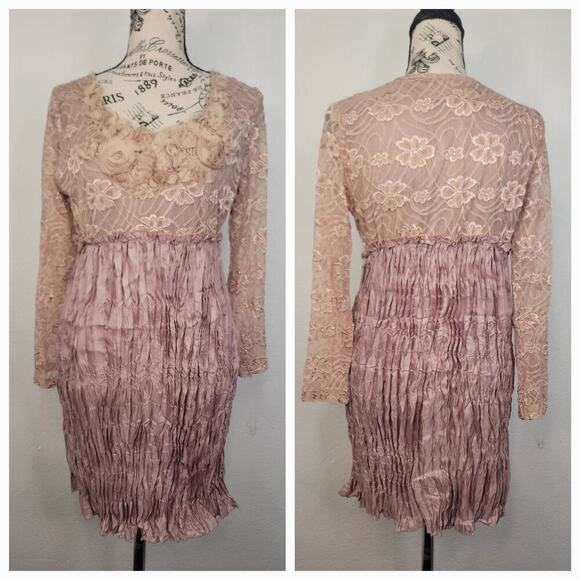 Pretty Angel Fairy Mini Dress M Silk 3D Floral Crinkle Artsy Whimsycal Tan/Pink - Picture 1 of 10